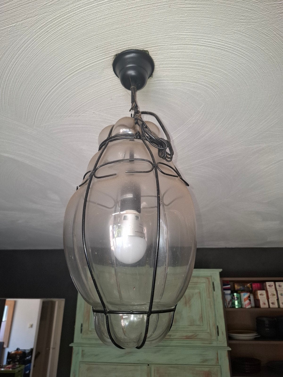 Glazen Hanglamp met Metalen Frame, Ophalen, Gebruikt, Glas, E27 (groot)