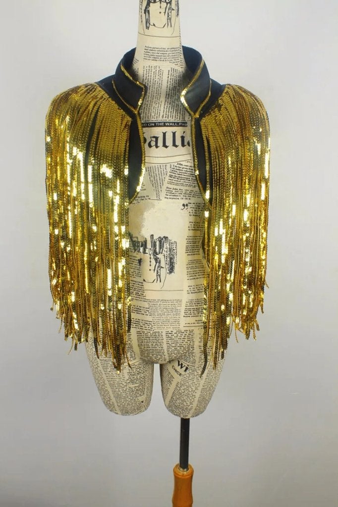 Gouden dames glitter jas met kwastjes / goud jasje festival, Kleding | Dames, Carnavalskleding en Feestkleding, Verzenden, Maat 42/44 (L)