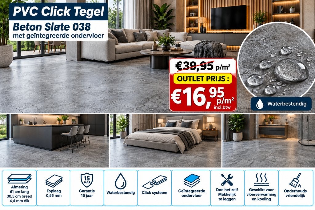 Pvc click Beton Slate met integrrede ondervloer €16,95m2