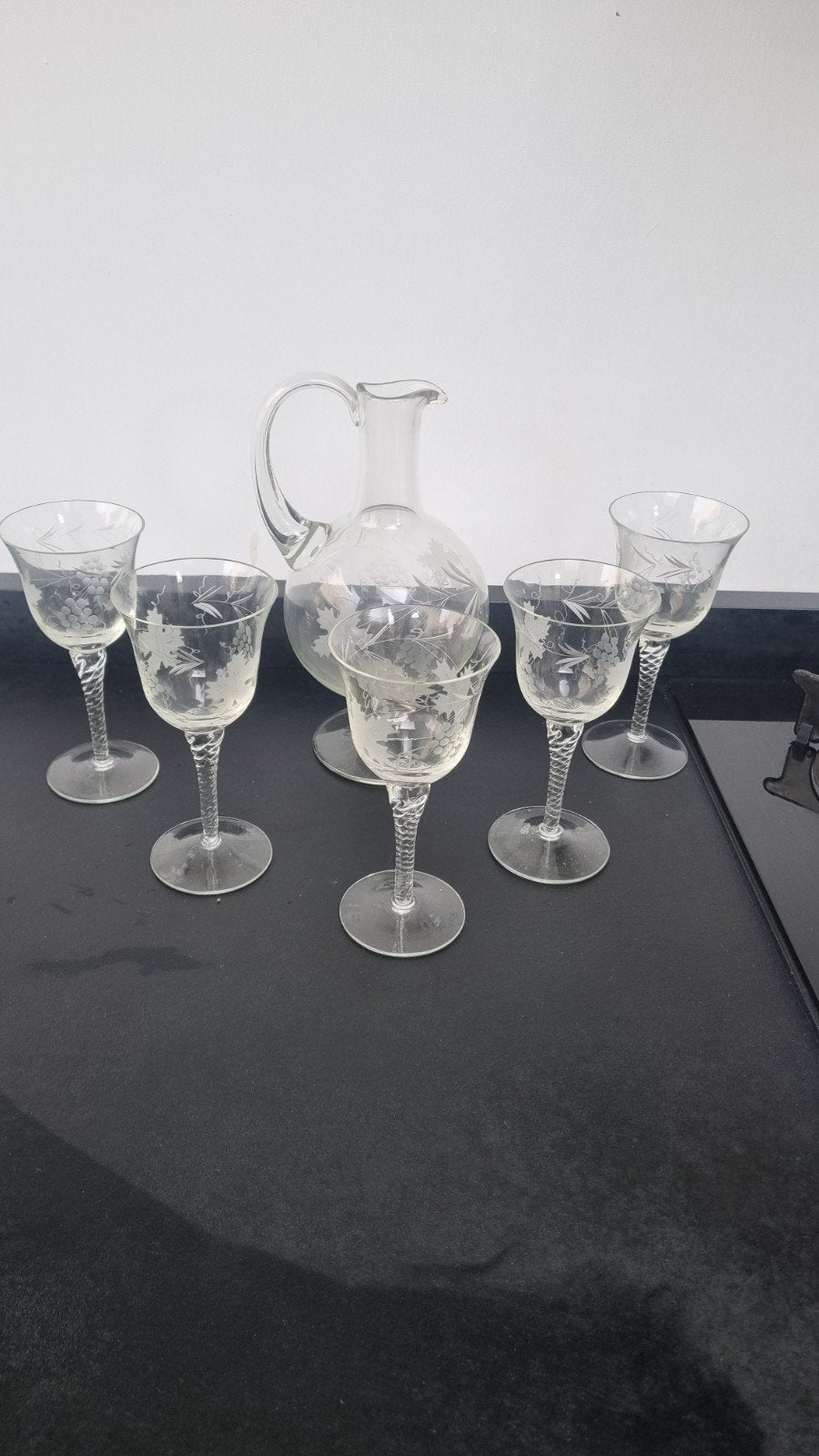Vintage glazen karaf met 6 wijnglazen - druivenmotief, Ophalen of Verzenden