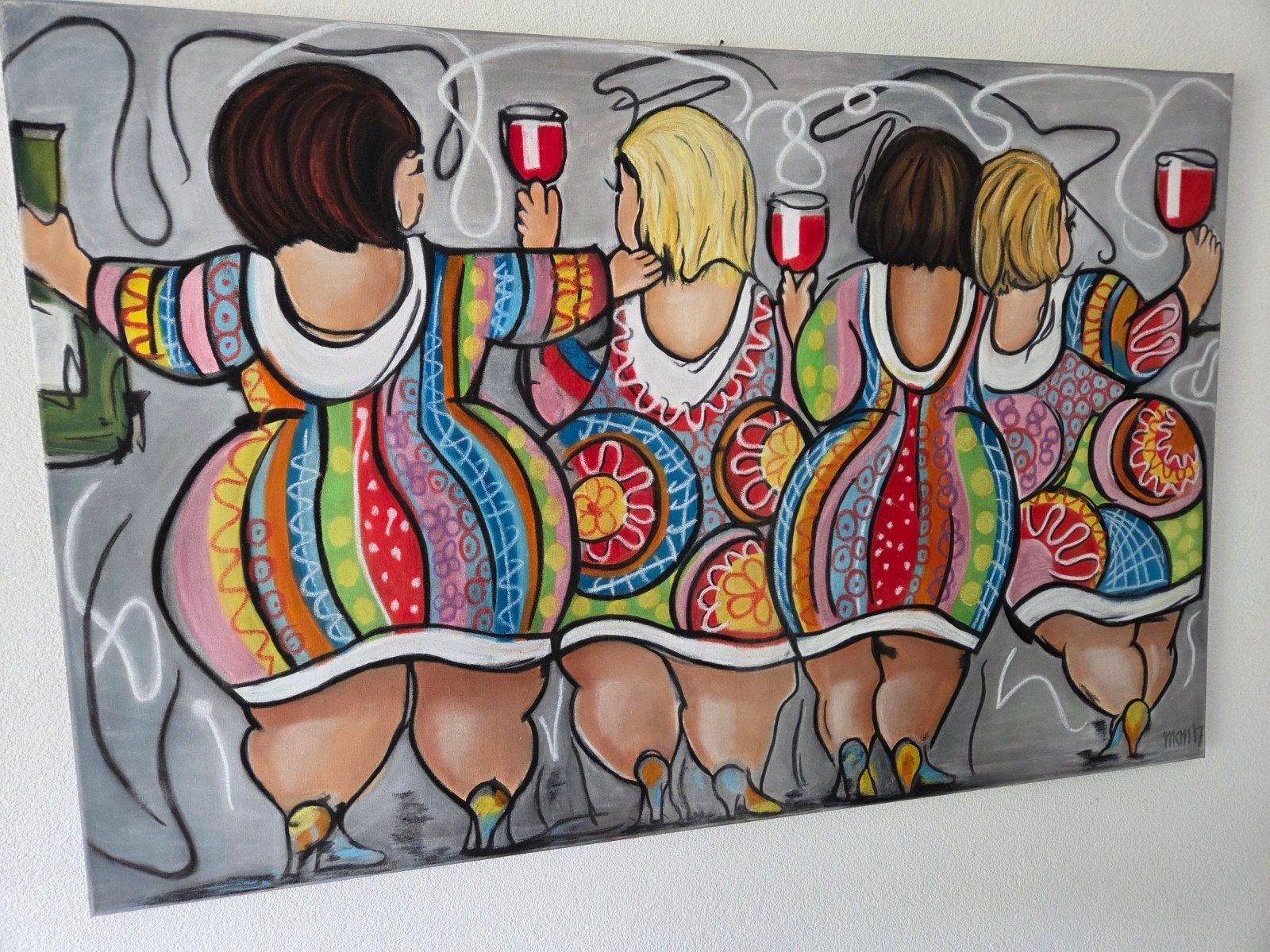 Zeer fraai wascoschilderij - Vrolijke Dames met Wijn, Antiek en Kunst, Ophalen
