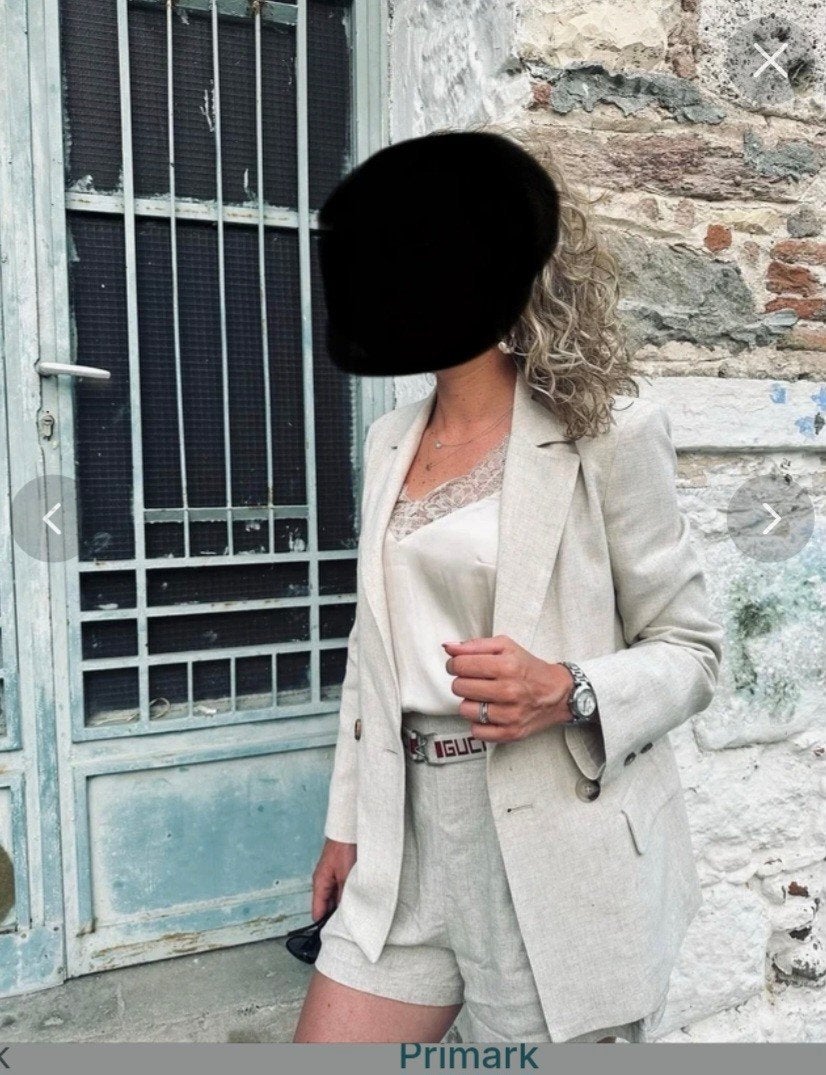 Linnen blazer en korte broek set - Beige (XS/S), Kostuum of Pak, Ophalen of Verzenden, Zo goed als nieuw, Maat 34 (XS) of kleiner