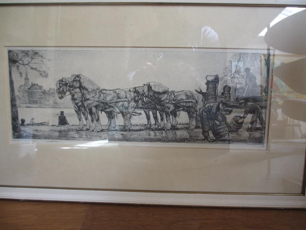 Willem Gerard Hofker ets Bierwagen langs de Amstel, Dagelijks leven, Ophalen of Verzenden, Gesigneerd, 1950 - 1999
