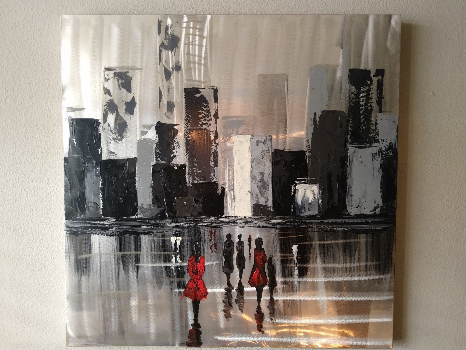 Modern Stadsgezicht , geslepen aluminium op canvas, Antiek en Kunst, Ophalen, Handgeschilderd, Gemengde techniek, Stadsgezicht