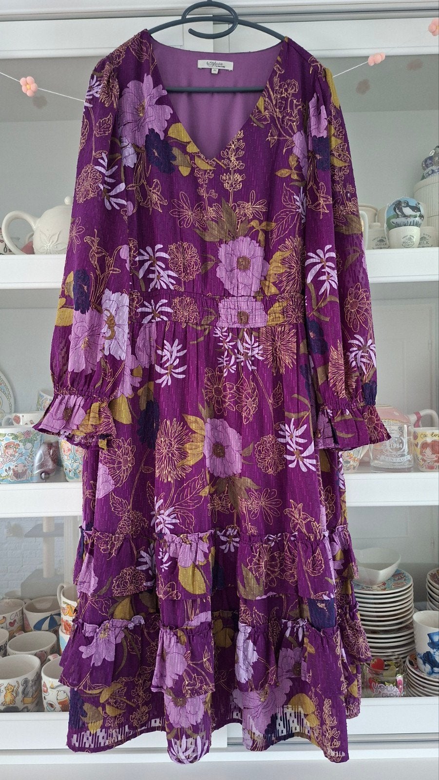 Mijljuschka by Wehkamp paarse bloemenjurk - Maat 46, Paars, Maat 46/48 (XL) of groter, Ophalen of Verzenden, Zo goed als nieuw