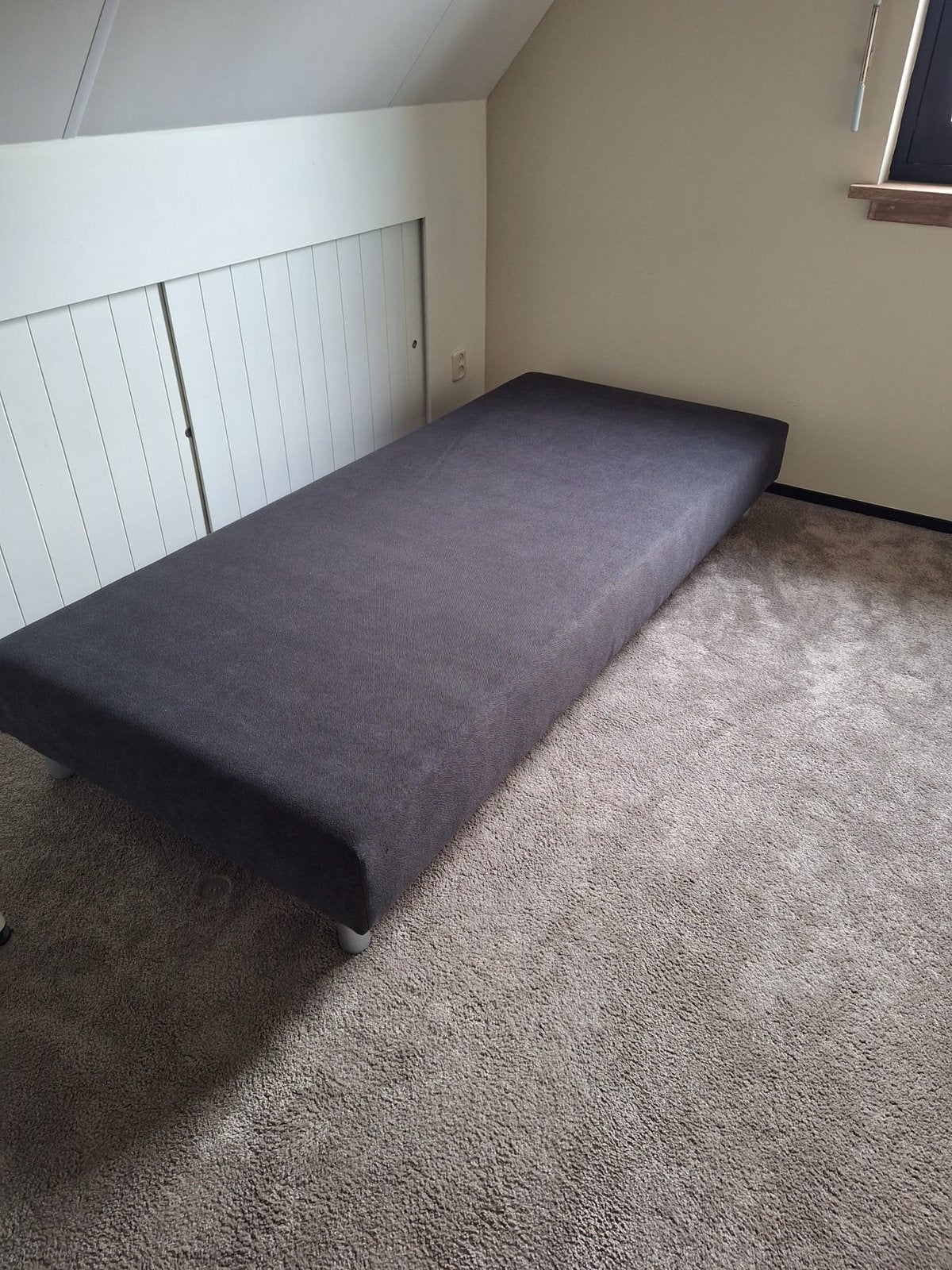 1persoons boxspring,90x200,grijs., Ophalen, Gebruikt, 90 cm, Eenpersoons