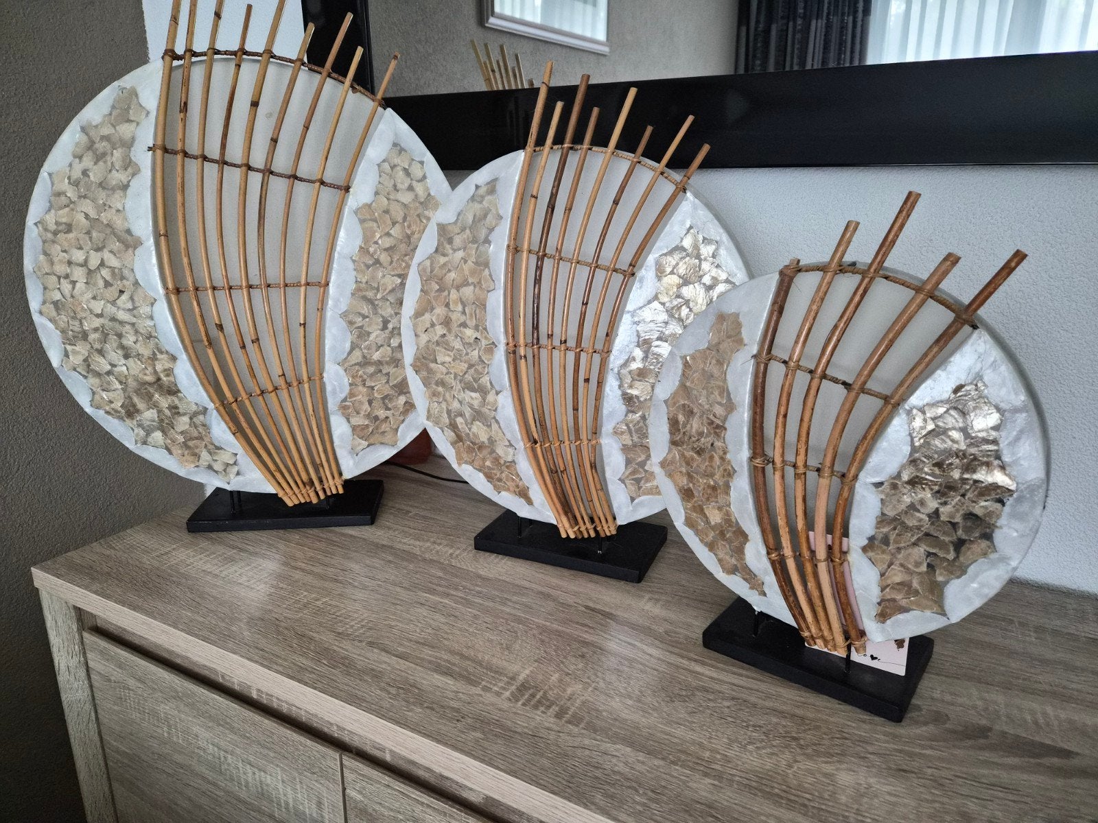 Set van 3 decoratieve tafellampen met bamboe en schelpen, Huis en Inrichting, Natuurlijk materiaal, Met schakelaar, E14 (klein)