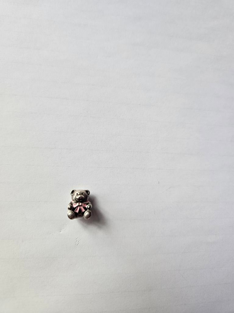 Pandora bedel, beertje met roze strikje, zilver, Ophalen of Verzenden, Zo goed als nieuw, Zilver, Pandora