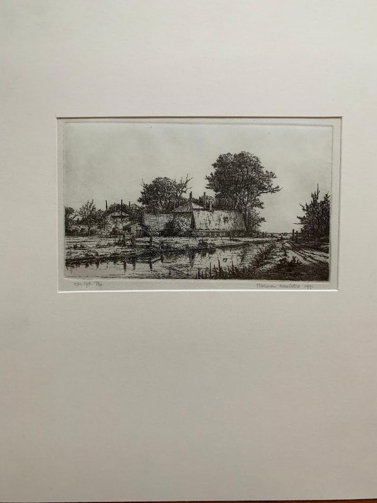 Harmen Kooistra - ets boerderij met hooiberg (13/40), Gesigneerd, Ophalen of Verzenden, 20 cm, 1950 - 1999