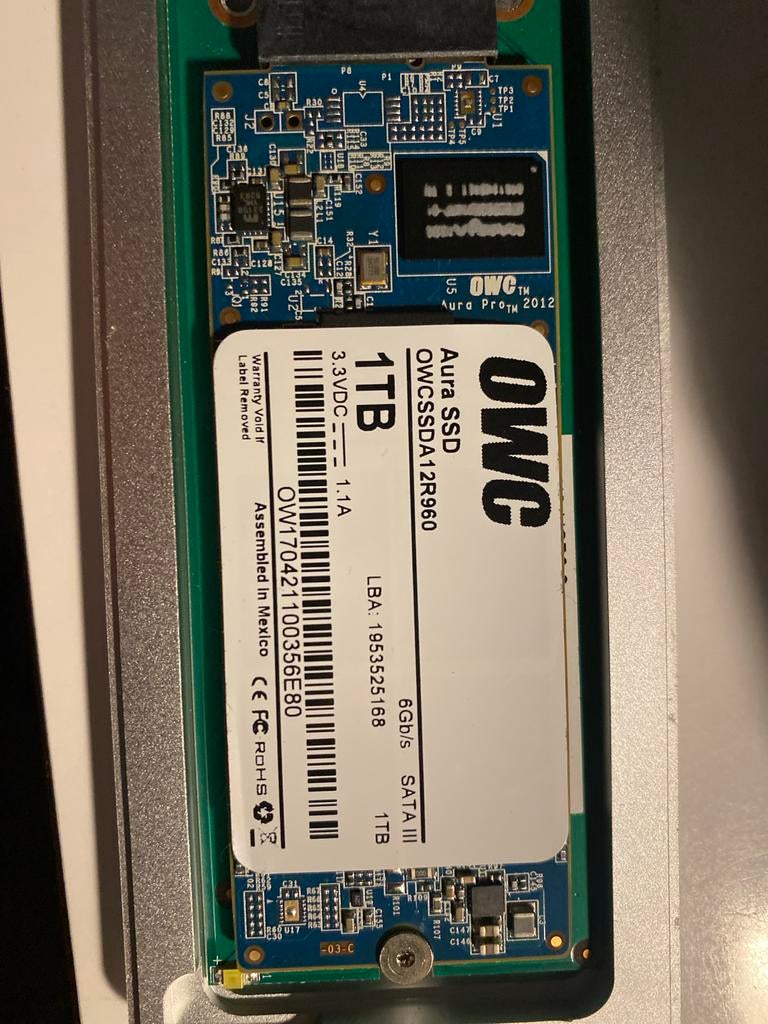 Owc 1TB Aura ssd MBP 10, Computers en Software, Harde schijven, SSD, Ophalen of Verzenden, Zo goed als nieuw, Overige aansluitingen