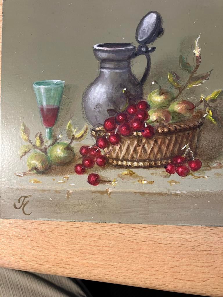 Stilleven met fruit en kan - Olieverf op paneel (15x15 cm), Ophalen of Verzenden