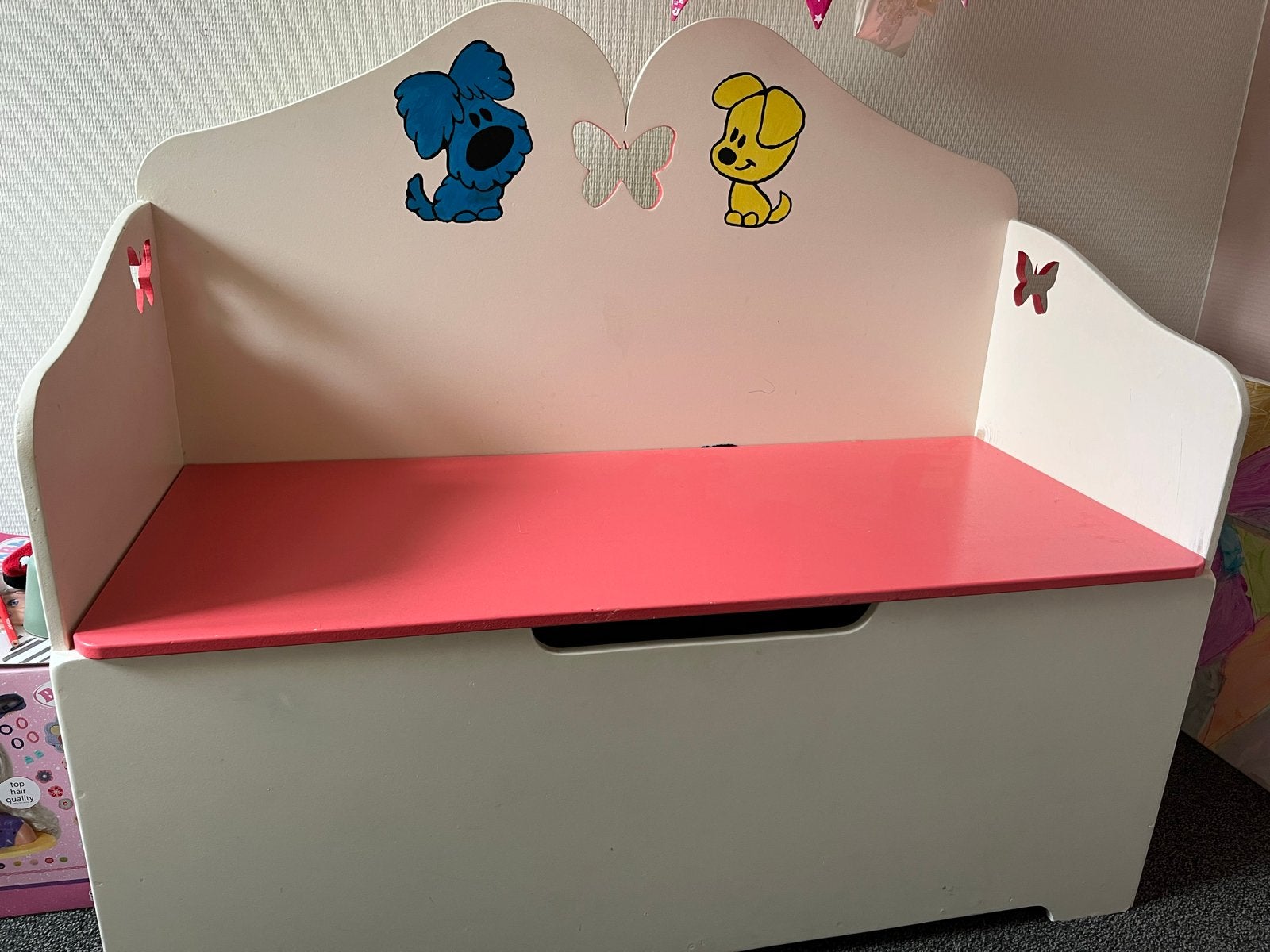 Kinderbankje (klep bank) met opberg ruimte en leuke opdruk, Ophalen, Gebruikt, Overige typen