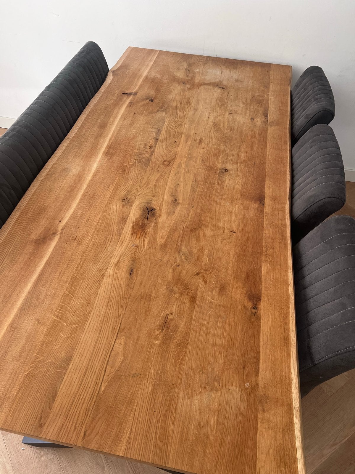 Houten eettafel met stalen kruispoot, Ophalen, Gebruikt, 200 cm of meer, 50 tot 100 cm