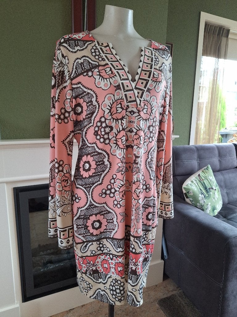 Hale Bob gevoerde roze bruine creme print jurk mt L, Kleding | Dames, Jurken, Verzenden, Maat 42/44 (L), Knielengte, Roze