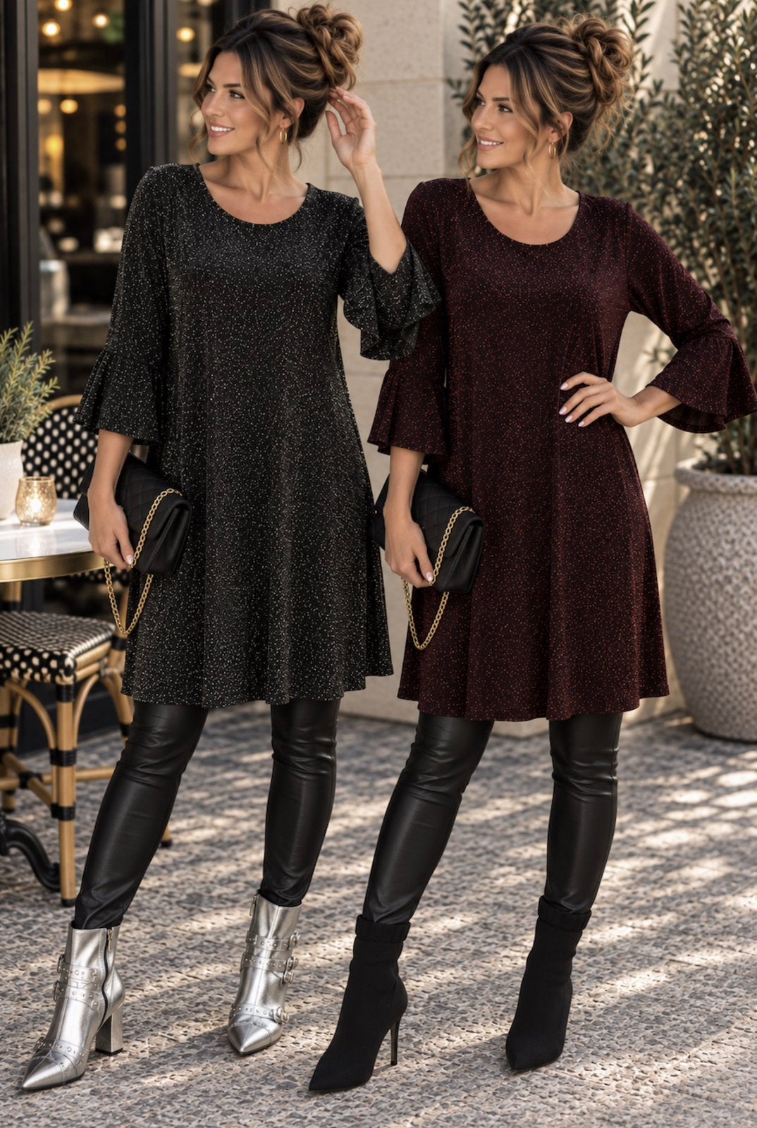 Lisa Style Glitter jurk met Roezelmouwen – Bi-Stretch, Kleding | Dames, Ophalen of Verzenden, Nieuw, Zwart, Boven de knie
