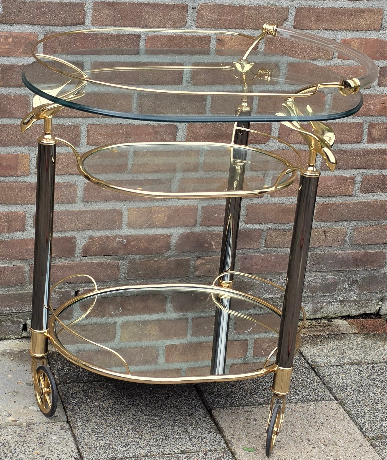 bladgoud platina glazen theewagen, Ophalen of Verzenden, Zo goed als nieuw, Hollywood Regency, Glas