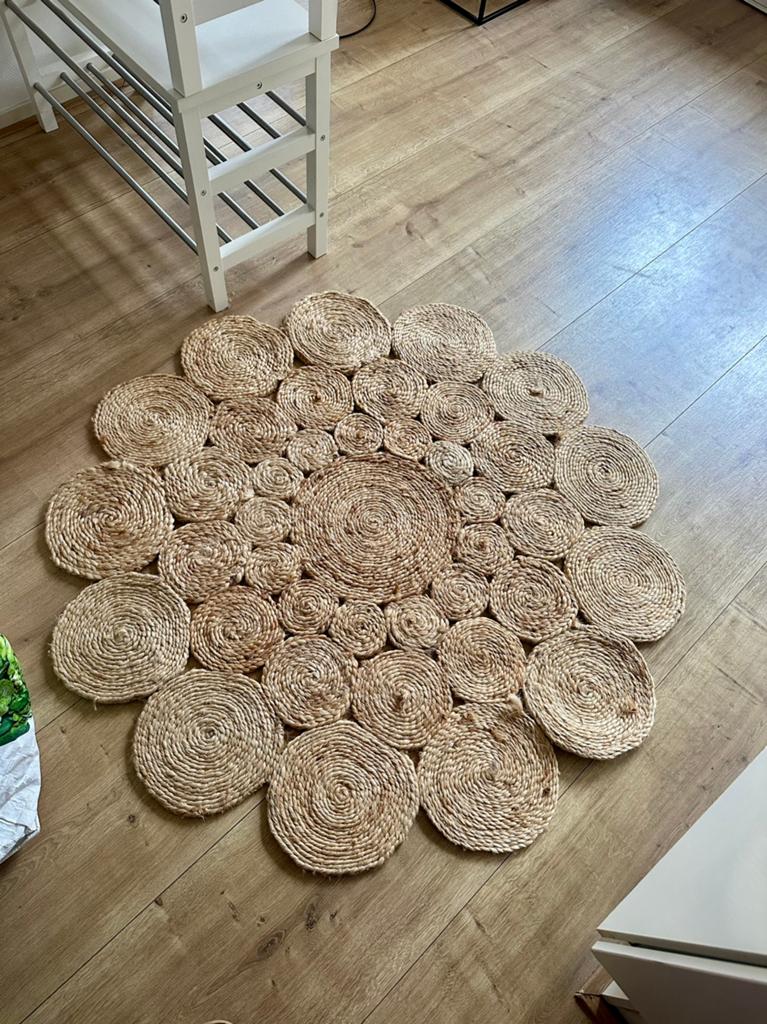 Jute bloemvormig vloerkleed 120cm doorsnee, Ophalen, Gebruikt, Rond, 100 tot 150 cm