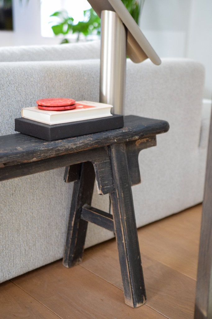Aziatisch zwart houten bankje / laag sidetable bankje, Ophalen, Gebruikt, 100 tot 150 cm, Vintage Aziatisch