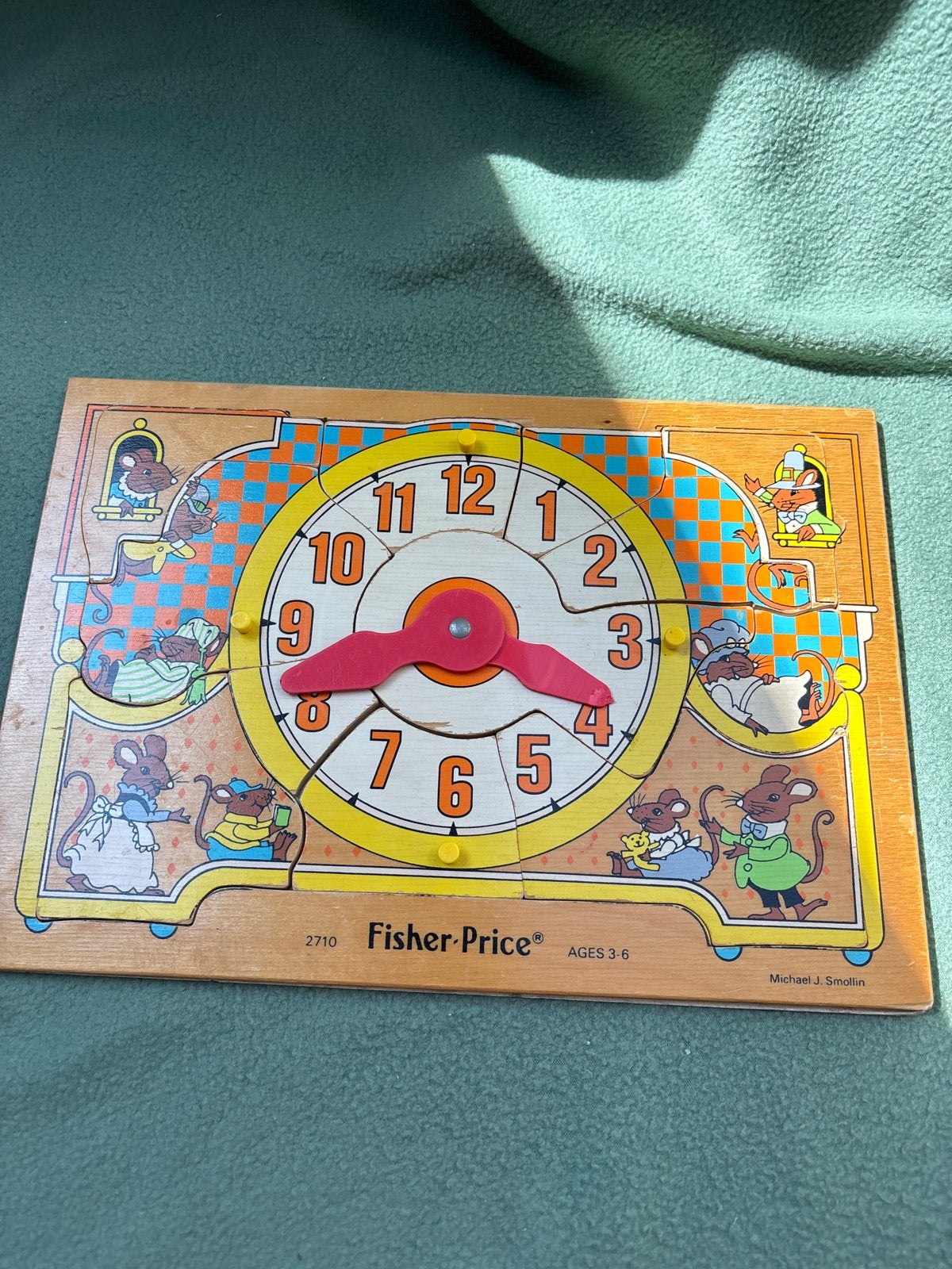Fisher-Price Houten Klok Puzzel met Muisjes, Ophalen, 2 tot 4 jaar, Gebruikt, 10 tot 50 stukjes