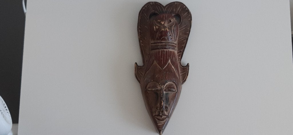 Handgesneden houten Afrikaans masker, Hout, Bruin, Masker, 32 cm