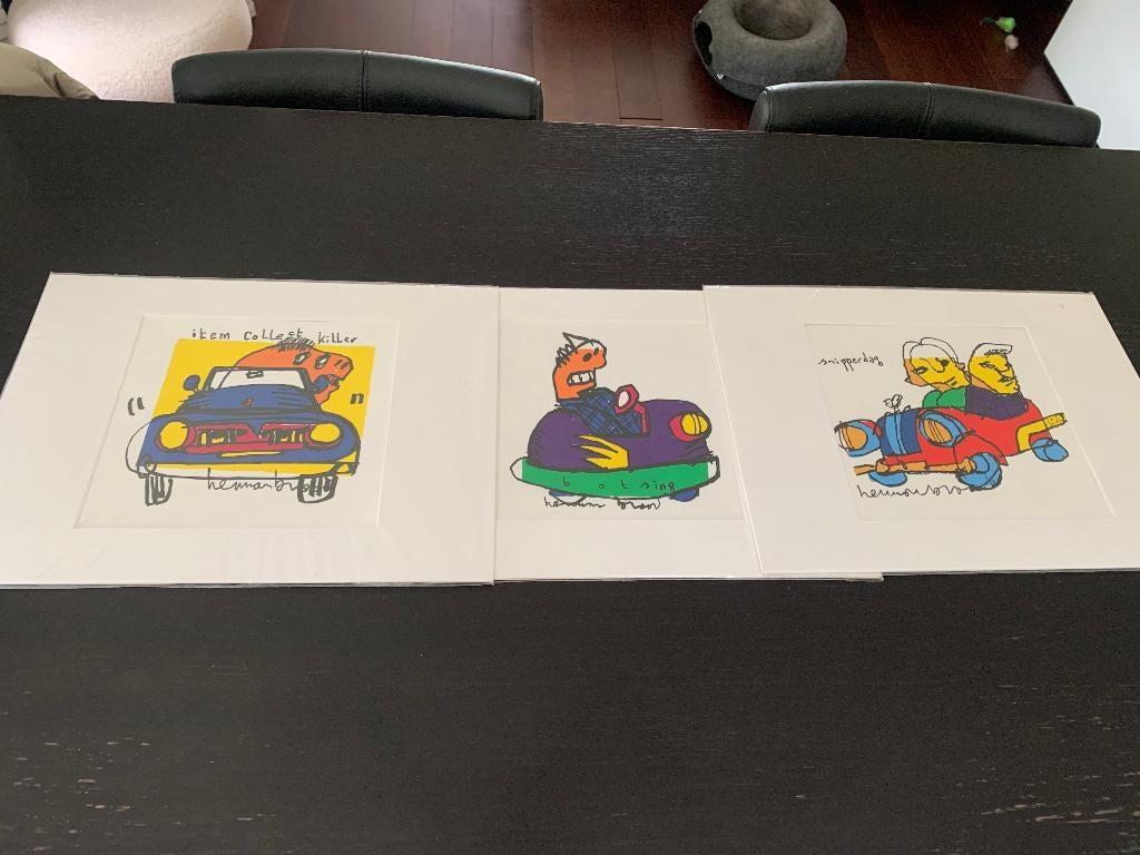 HERMAN BROOD CARS 3 UNIEKE ZEEFDRUKKEN IN PASSE PARTOUT, Antiek en Kunst, Kunst | Litho's en Zeefdrukken, Ophalen of Verzenden