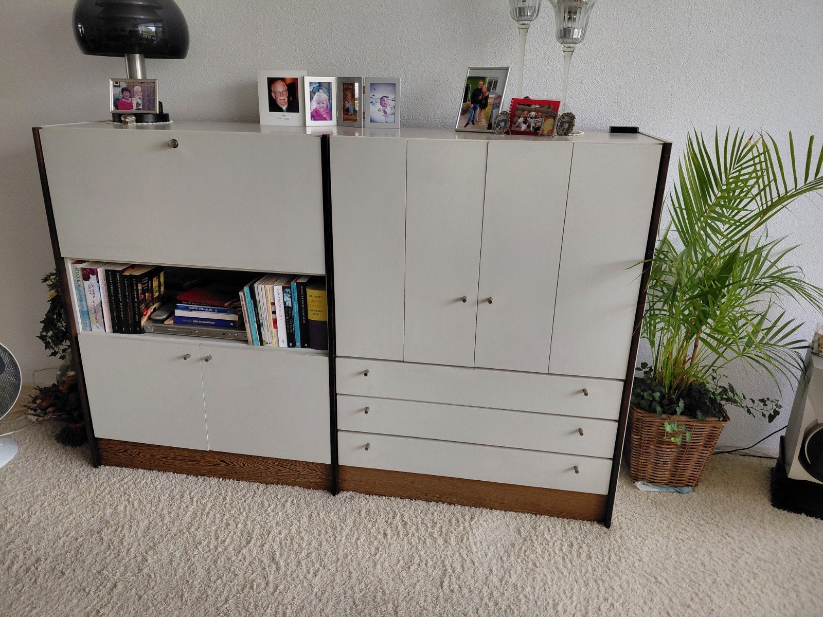 Vintage wandmeubel / boekenkast met lades en deuren, Gebruikt, Met deur(en), 150 tot 200 cm, Vintage, Retro