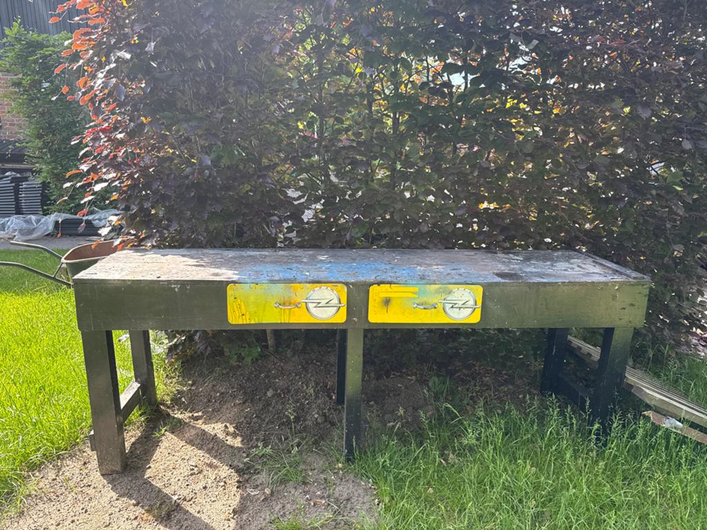 Stevige houten werkbank met lades - 248x68x90 cm, Ophalen, Gebruikt, 170 cm of meer