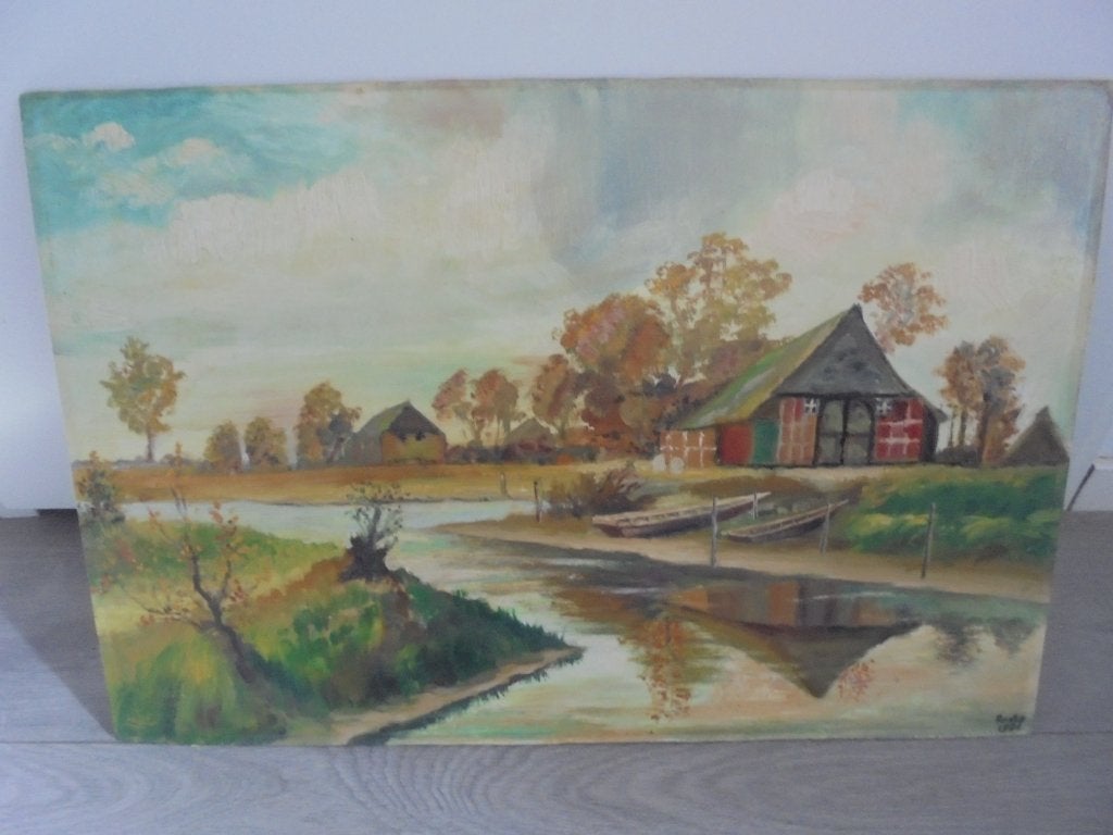 Landschap olieverf paneelmaat 40x60 cm, Antiek en Kunst, Ophalen, Klassiek, Landschap, Paneel
