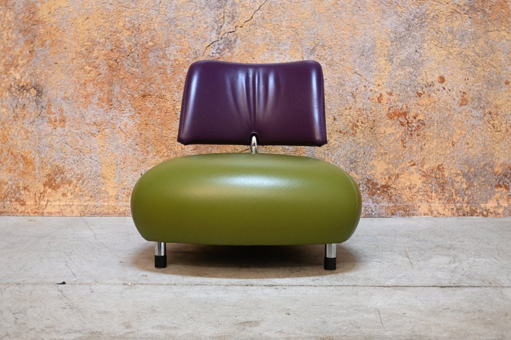 ZGANieuw groen paarse leren Leolux Pallone design fauteuil