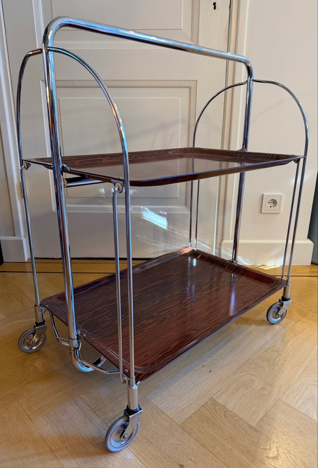 Vintage serveerwagen/theewagen, inklapbaar, chroom en hout, Ophalen