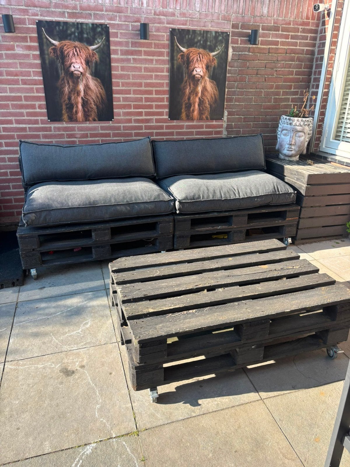 Pallet Loungeset met Kussens en Bijzettafel, Ophalen, 4 zitplaatsen, Gebruikt, Bank