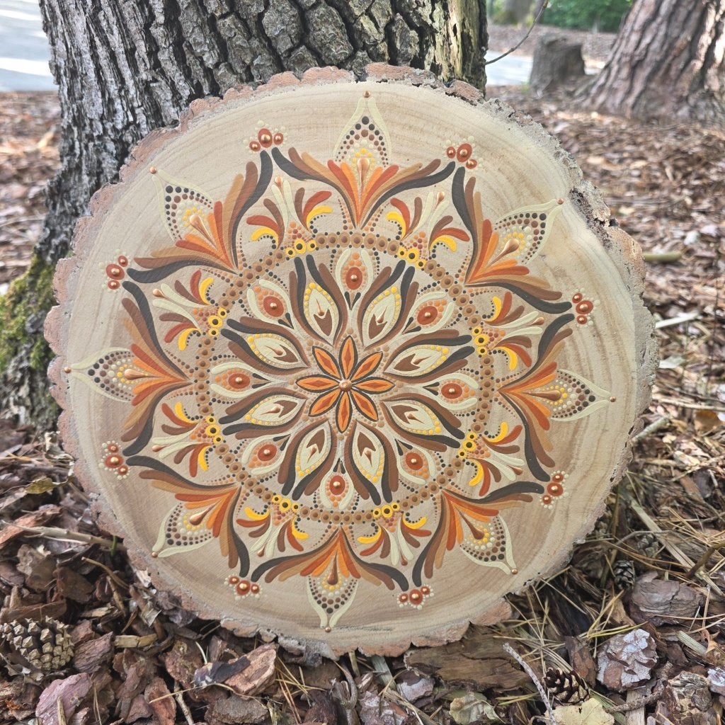 Handgeschilderde mandala op houten boomschijf - Dotthings, Ophalen of Verzenden