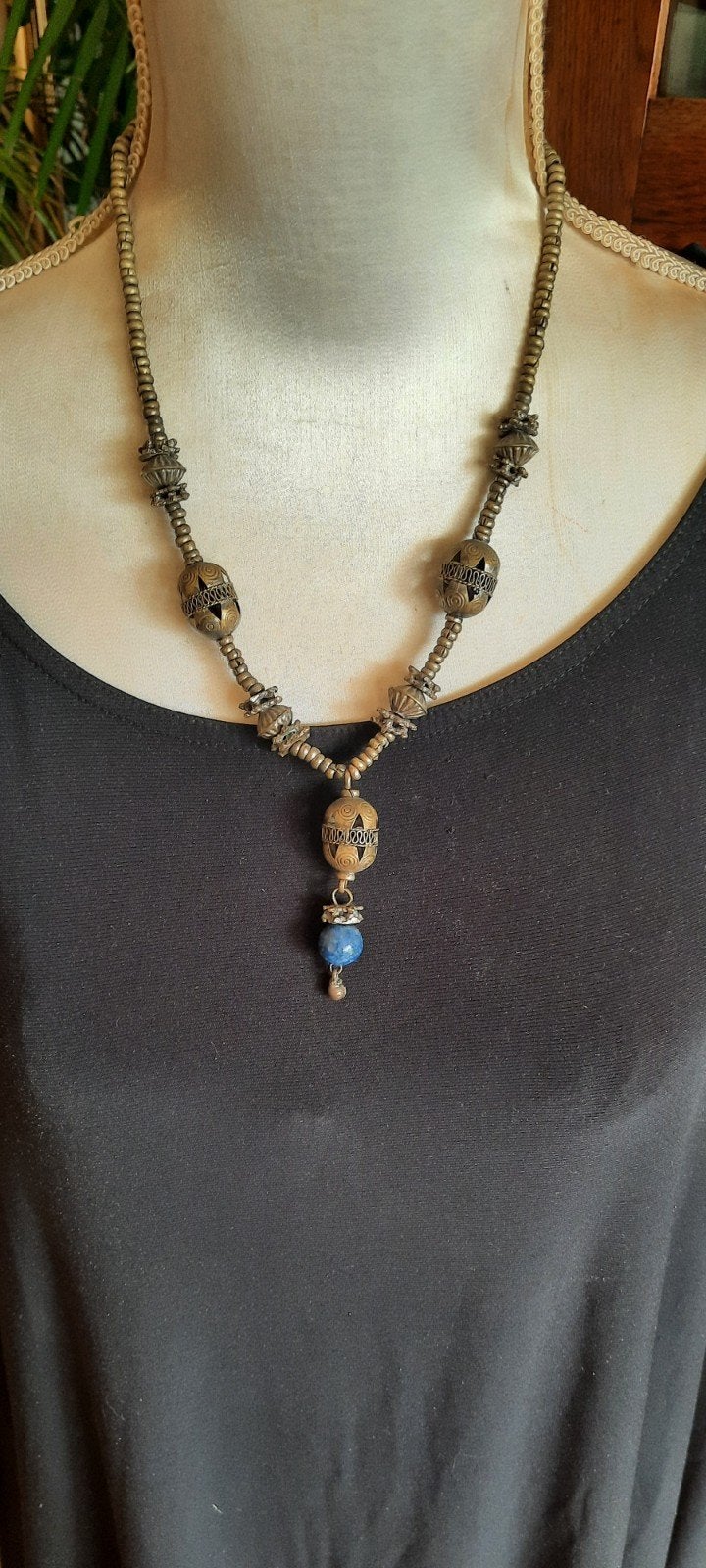 Antieke Tibetaanse zilveren ketting met Lapis Lazula, Ophalen of Verzenden, Zilver, Met edelsteen