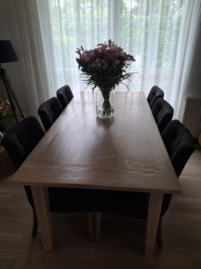 Ruime eettafel (200x94,5 cm) met 6 stoffen stoelen, Ophalen, Gebruikt, 50 tot 100 cm, Vijf personen of meer