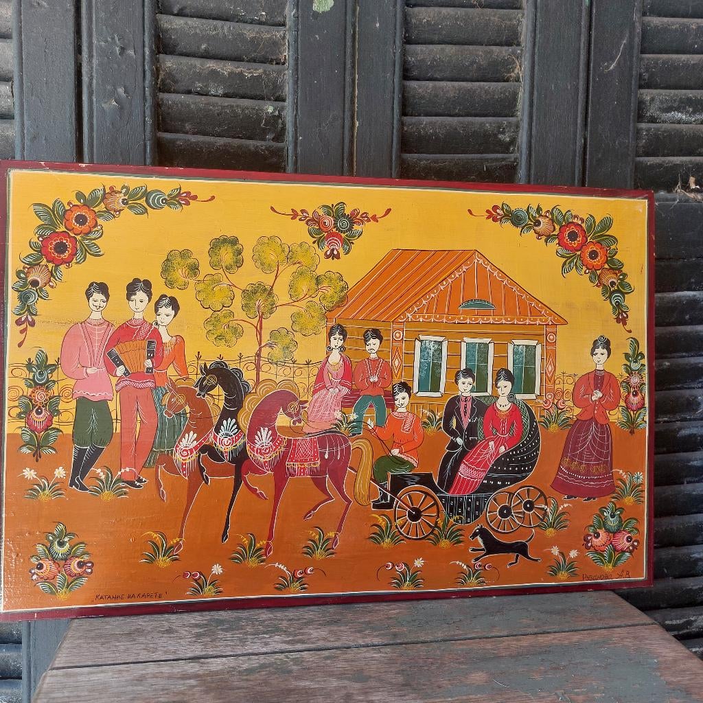Gorodets schilderij op houten paneel, gesigneerd,38 x 60 cm, Ophalen of Verzenden