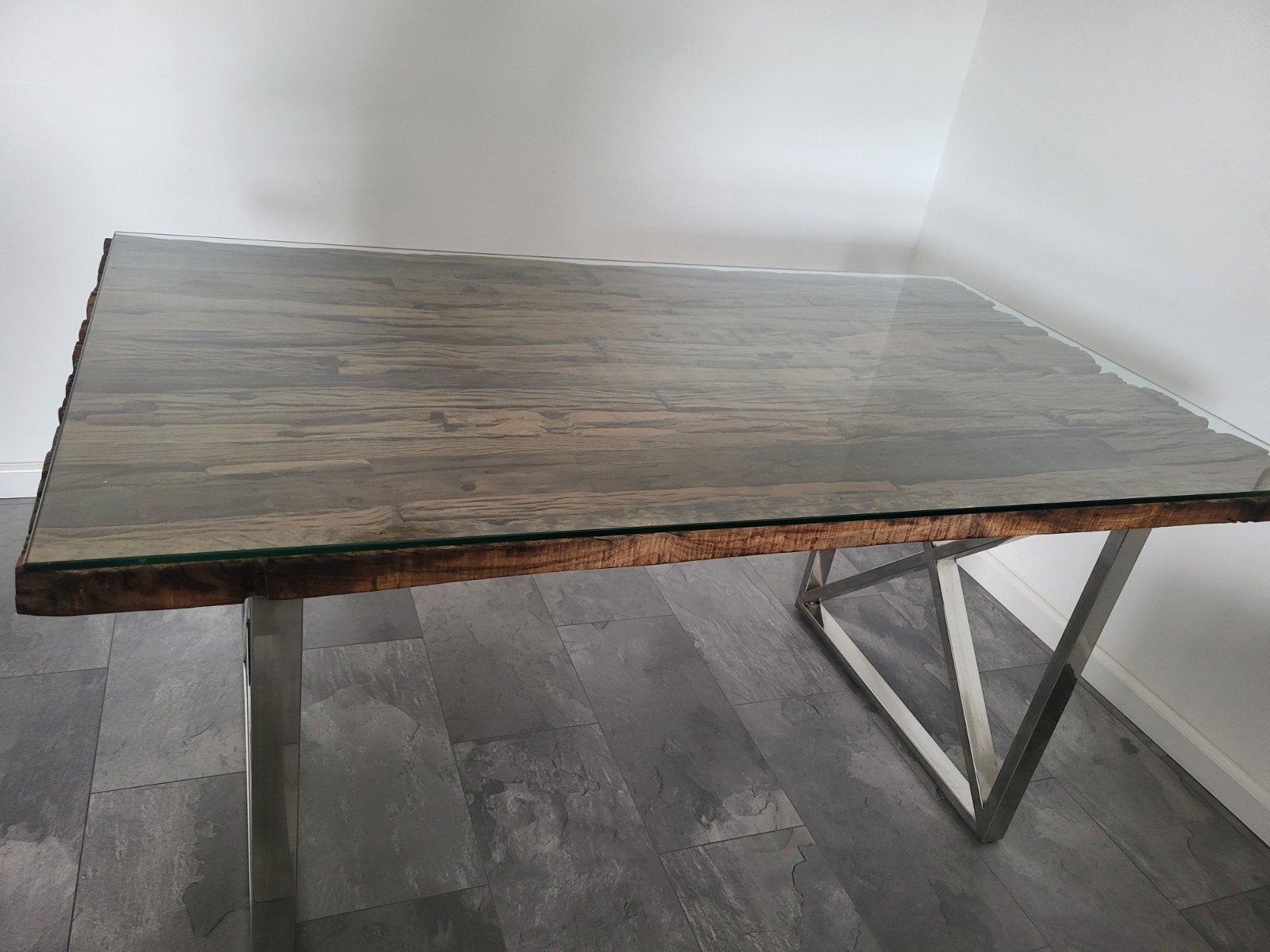 Eric Kuster eettafel met glazen blad en stoelen, Ophalen, Zo goed als nieuw, Rechthoekig, 50 tot 100 cm