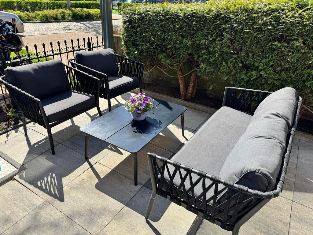 Aluminium loungeset met bank, twee stoelen en tafel, Ophalen, 4 zitplaatsen, Gebruikt, Aluminium