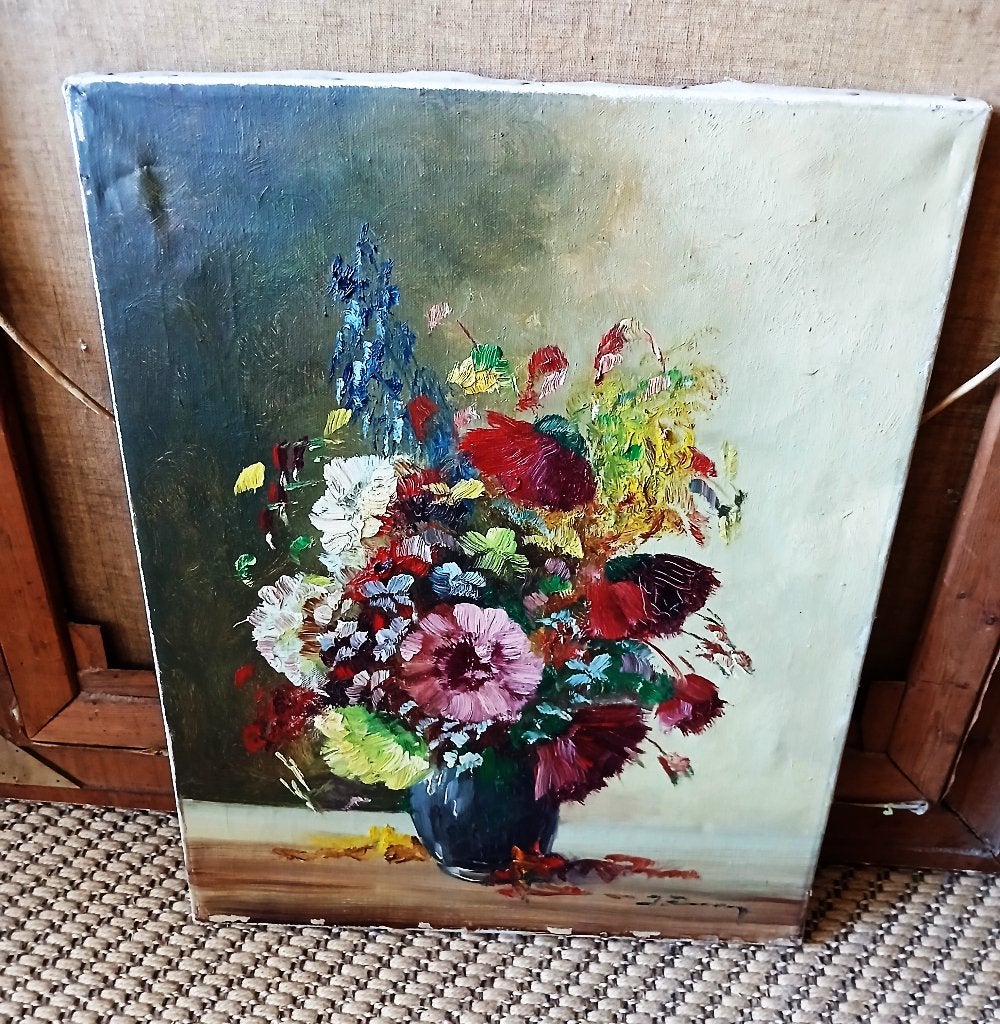 Klassiek schilderij canvas 40 x 50 cm bloemen veldboeket , Doek, Olieverf, Klassiek, Gesigneerd