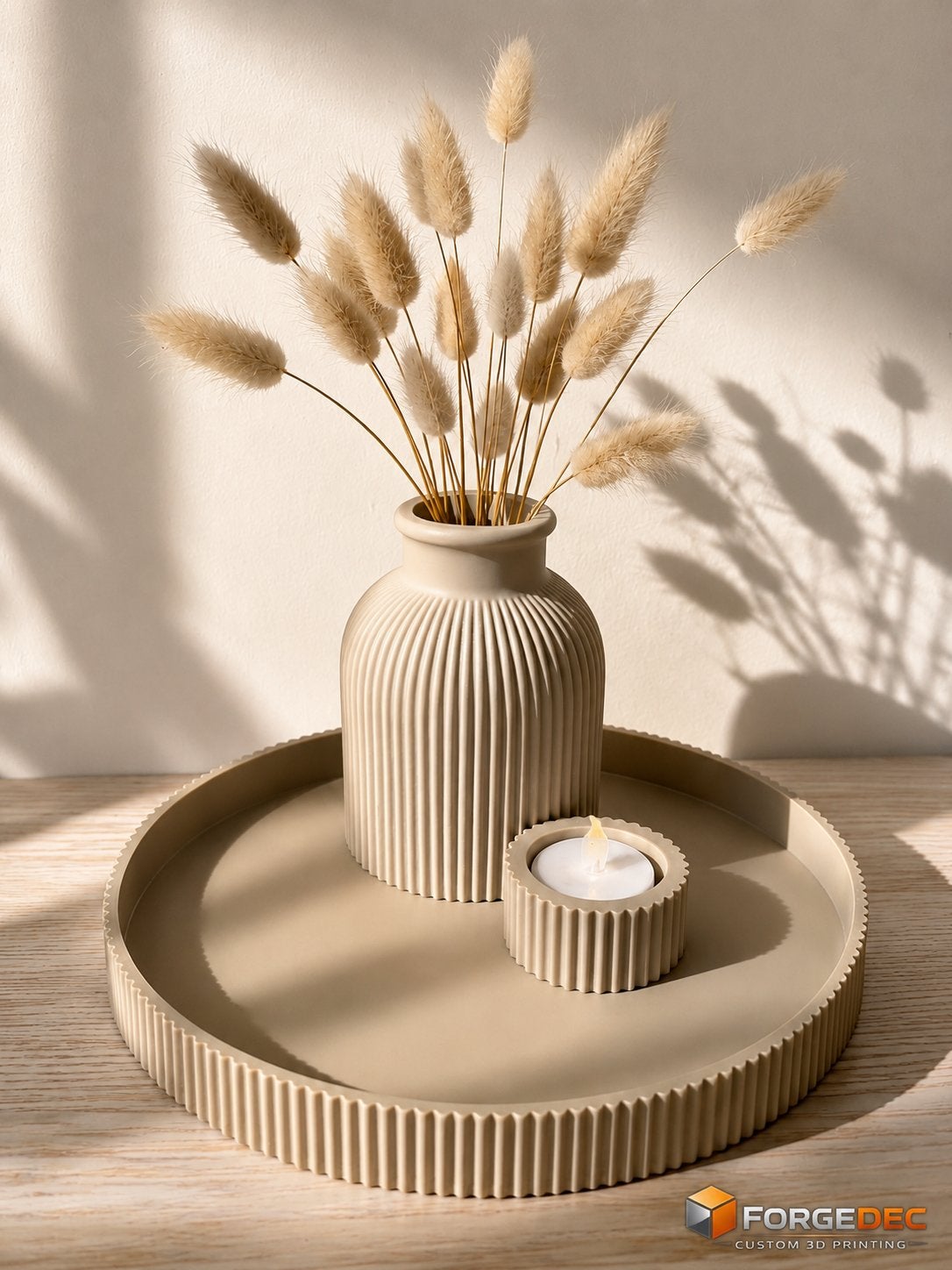 Stijlvolle vaas en decoratieset - Beige geribbeld design, Kunststof, Beige, 3D-geprint, Nieuw