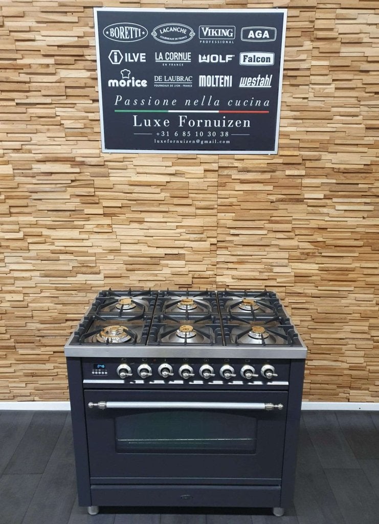 Luxe Boretti gasfornuis 90cm antraciet + rvs 6 pits 1 oven, Niet ingevuld, 60 cm of meer, Niet ingevuld, Grill