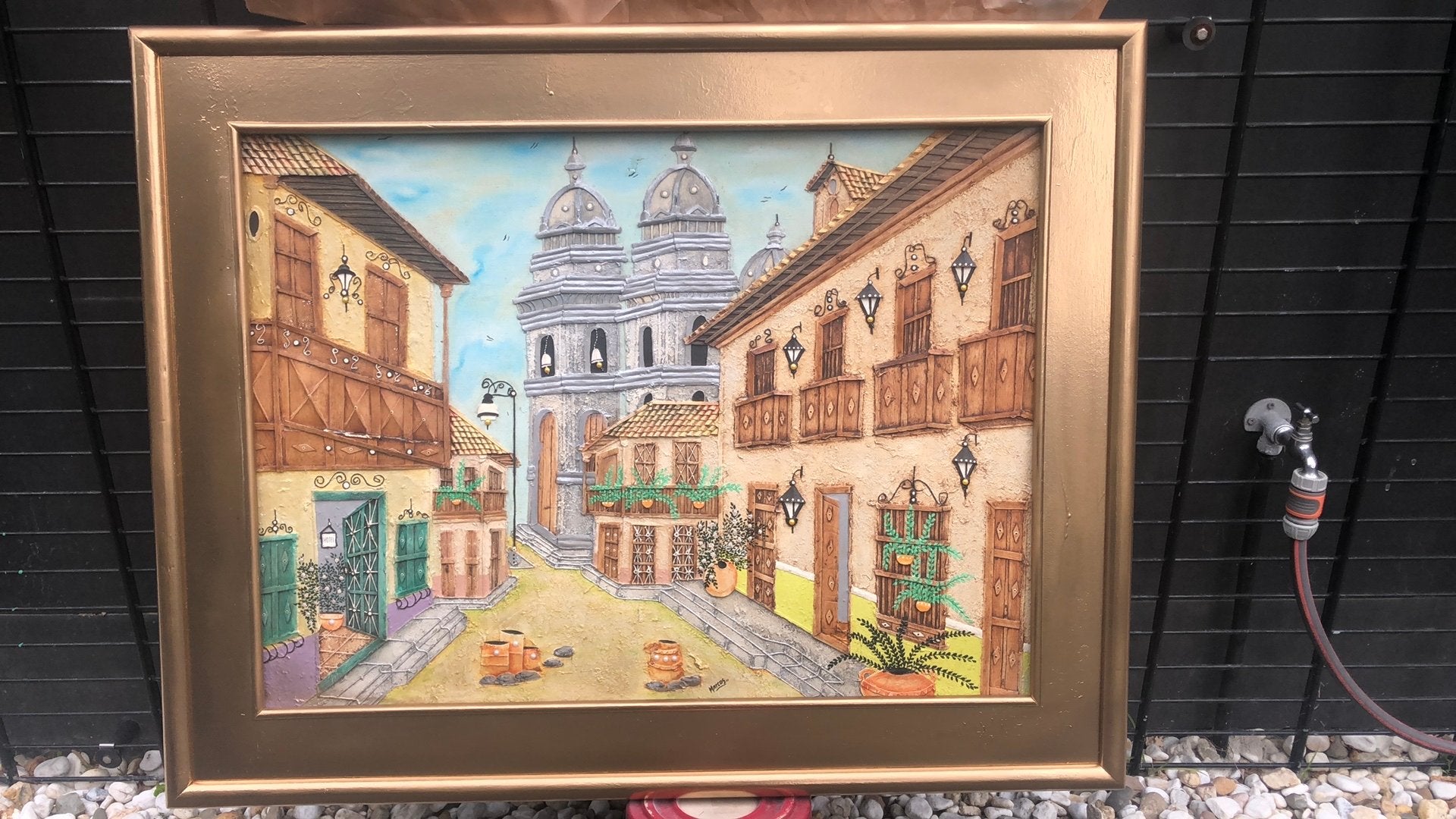 Landschap schilderij uit Colombia   In relief van 1980, Antiek en Kunst, Acrylverf, Doek, Klassiek, Stads- / dorpsgezicht