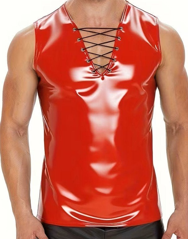 Glanzende pu leren rode Tanktop, boxer en gratis string, Kleding | Heren, CM, Verzenden, Kleding, Maat 56/58 (XL)
