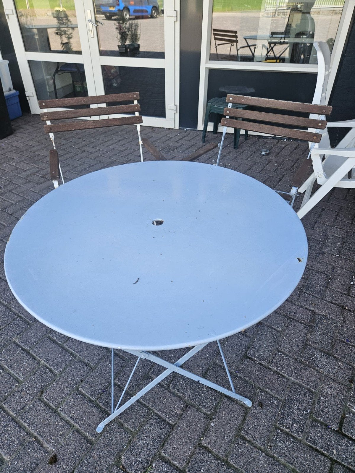 Vintage tuinset: tafel met 2 stoelen, opknapper, Gebruikt, Tuinset, Hout, Eettafel