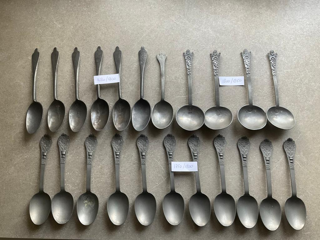 Antieke tinnen lepels, diverse sets en losse exemplaren, Ophalen of Verzenden