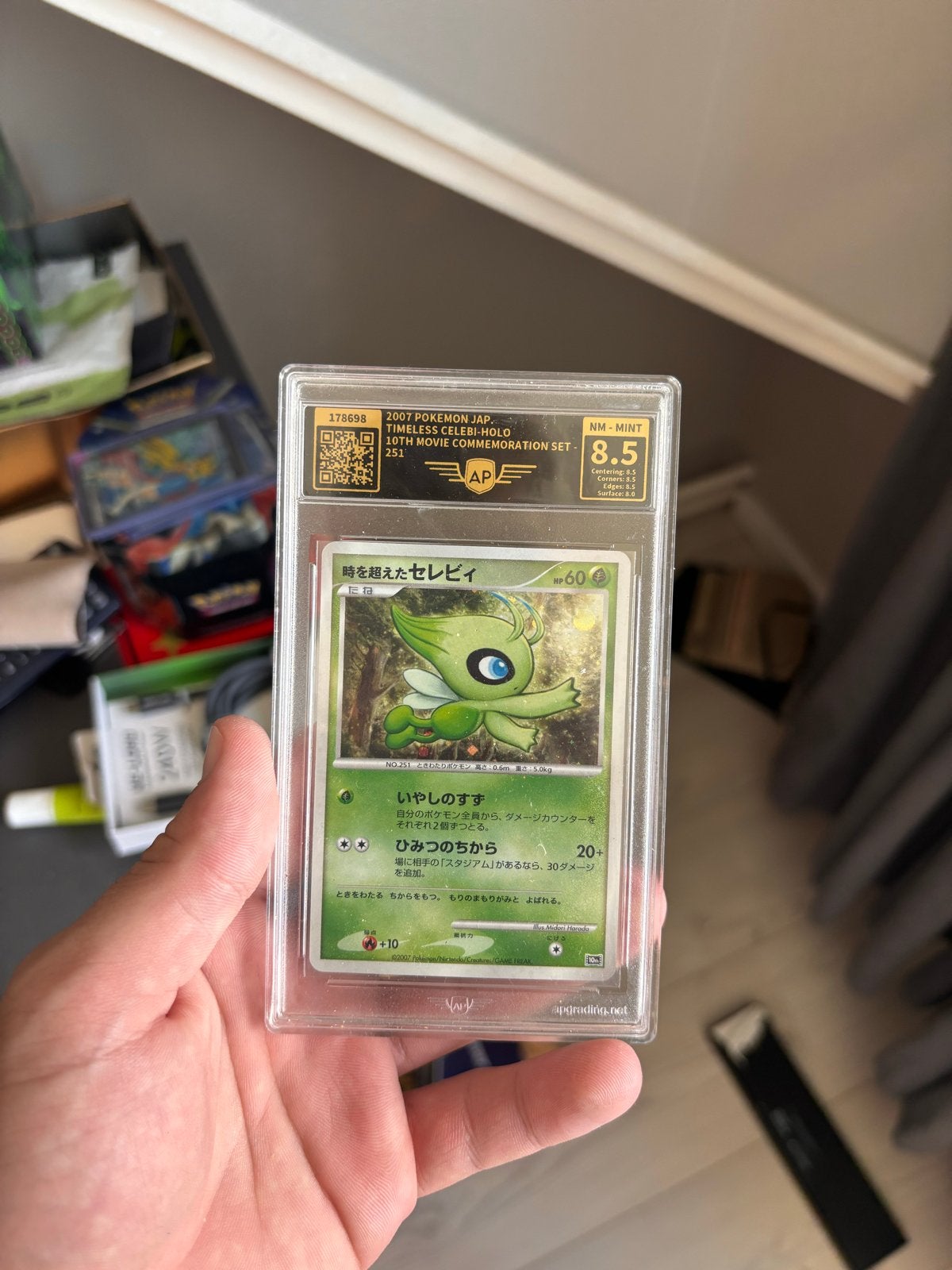 Celebi Holo 2007 Pokemon Jap. AP Grading 8.5 NM-MINT, Ophalen of Verzenden, Zo goed als nieuw, Losse kaart