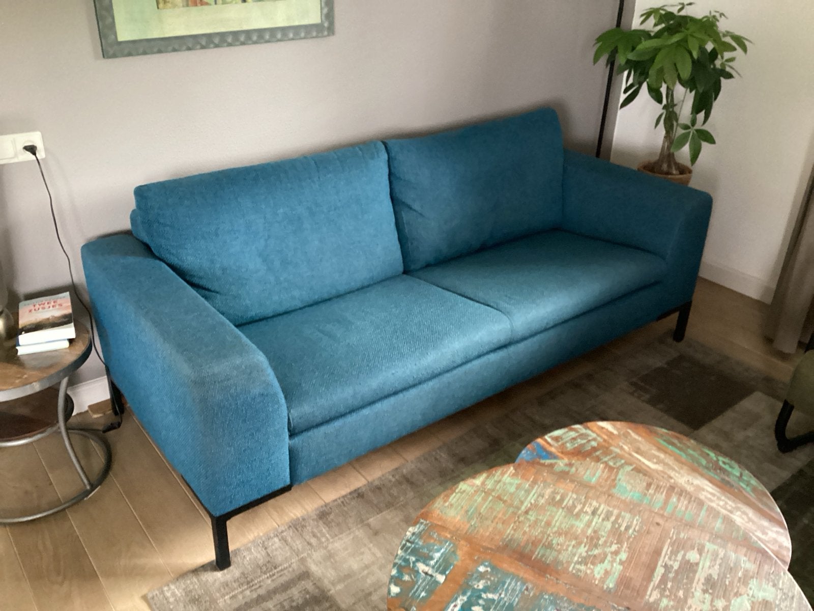 Stijlvolle Montèl 3-zitsbank in blauwgroene stof, Ophalen, Gebruikt, Driepersoons, 75 tot 100 cm
