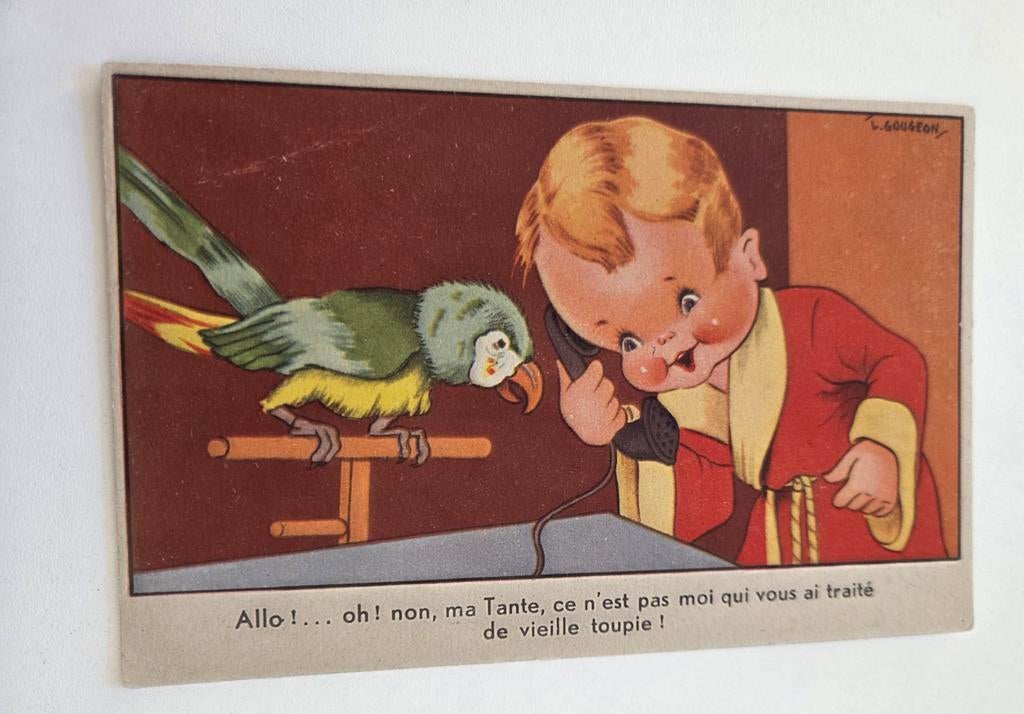 Jongetje met papegaai kletst aan de telefoon, Verzenden, Gelopen, Kinderen