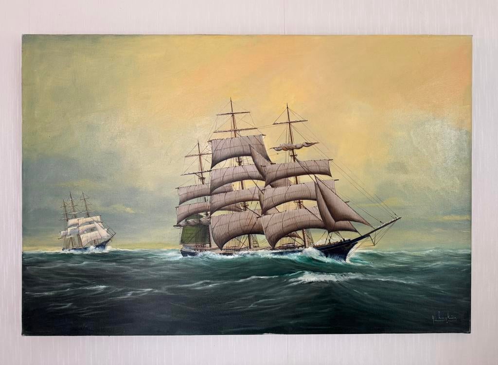 Olieverf zeilschip schilderij 60x90 cm gesigneerd - maritiem, Oorspronkelijke maker, Ophalen of Verzenden, Zo goed als nieuw, Schilderij