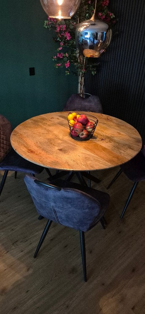 Eettafel rond hout, Huis en Inrichting, Gebruikt, Hout + zwart metaal, Rond, Vier personen