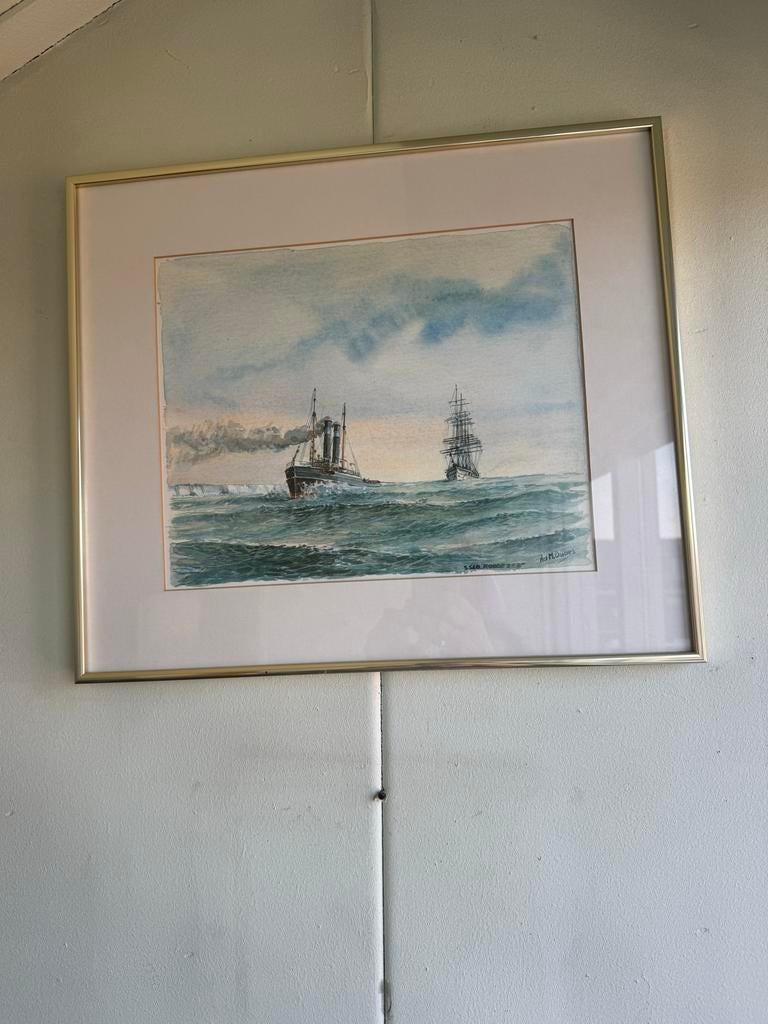 Aquarel S.S. Rotterdam gesigneerd door Ad M. Oudes, Ophalen of Verzenden